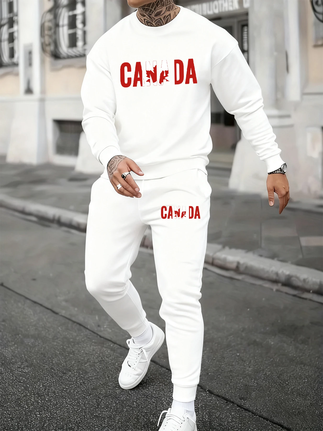 

Canada Maple Leaf Prints Mans Autumn Sweatshirt Set Loose Fleece Two Pieces Sets Casual Crewneck Streetwear Sporty Jogging Pants