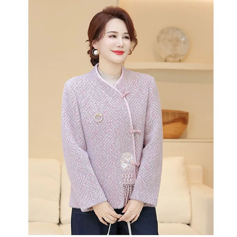 

Autumn Winter New Middle Aged Women Woolen Jacket Fashion Imitate Mink Velvet Coat Female Woolen Coat Outerwear Short Overcoat