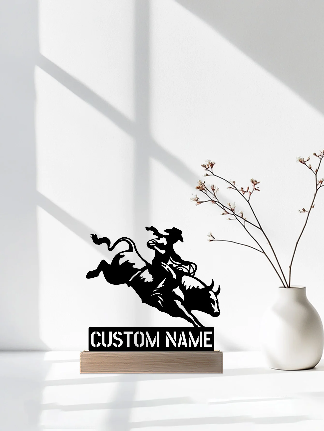 รูปปั้นโลหะรูปวัวเด็กชายแบบนามธรรม 1 ชิ้น งานศิลปะตกแต่งพร้อมฐานไม้  รับสั่งทำชื่อได้