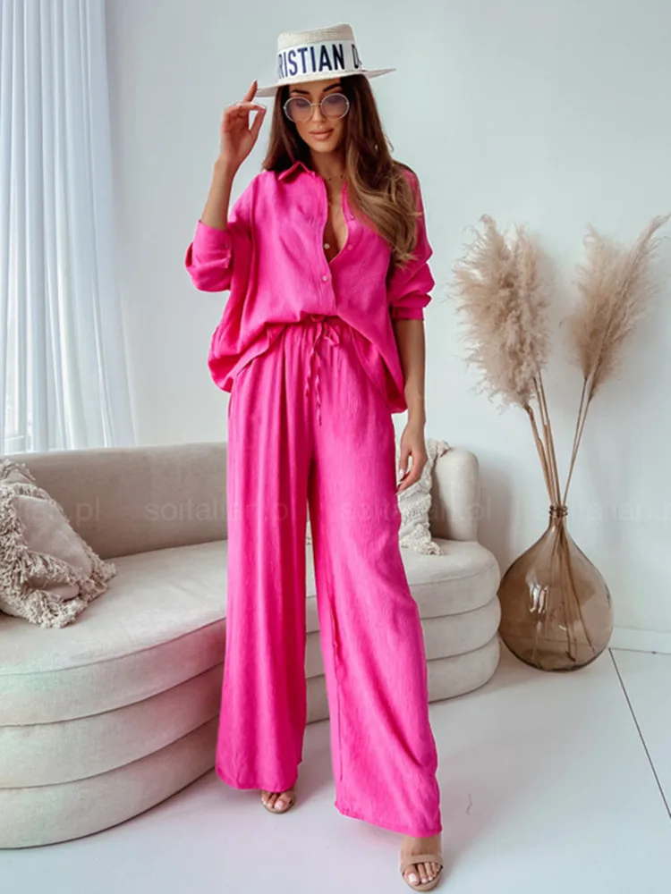 

Women 2 Piece Casual Cotton Linen Pants Outfits Long Sleeve Button Down Shirt Wide Leg Pants Loungewear Set Streetwear