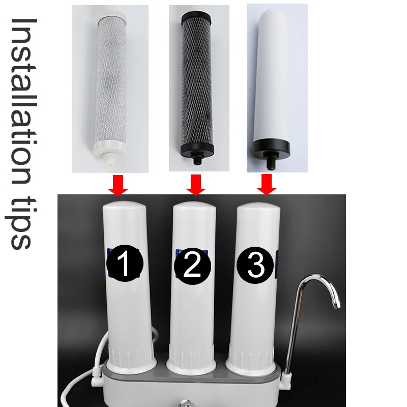 مجموعات عناصر فلتر تنقية المياه لسطح المكتب، فلتر الكربون والسيراميك المنشط، لتنقية المياه بفلتر 3 مستويات/أجزاء الفلتر