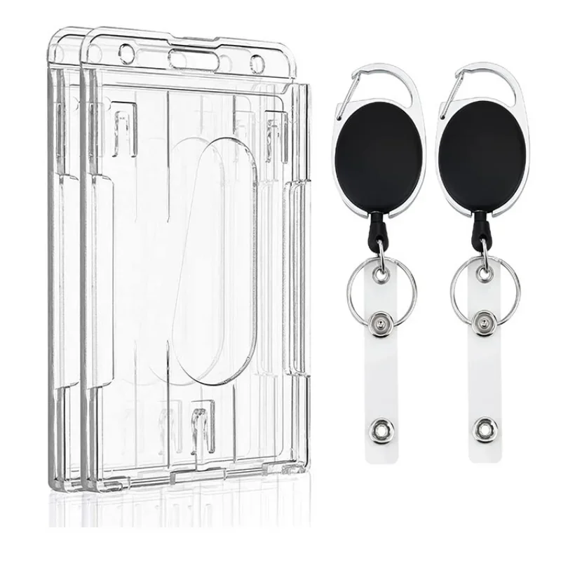 Cards Storage Organizer Employee Pass Work Card Case Sleeve Transparent Double Cards Slots ID Tag Badge Holder with Badge Reel