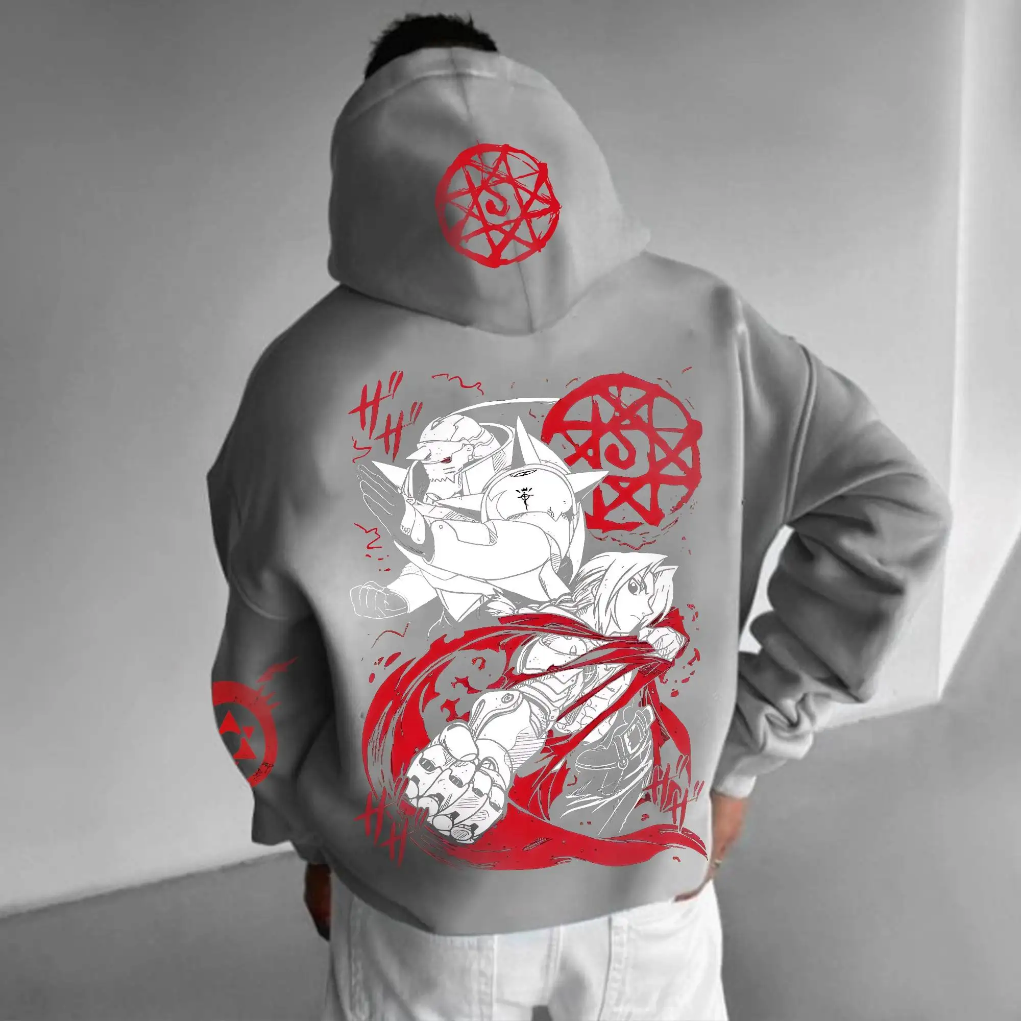 Fullmetal Alchemist Conjunto de sudadera con capucha de algodón gris Anime Edward y Alphonse Elric Diseño de personajes con patrón rojo Manga larga Casual