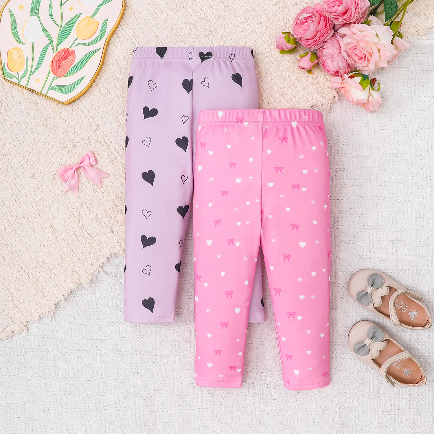 Infant Toddler Baby Girls Purple Heart & Pink Heart Bow Print Leggings Soft Cotton Elastic Waist Stretch Pants 2Pcs All Seasons
