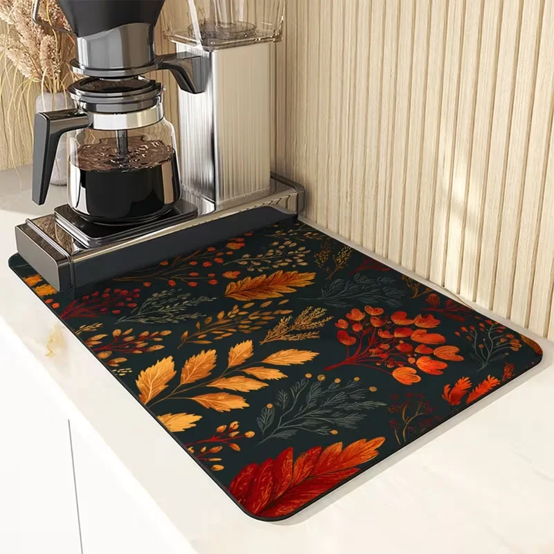 Dark Background Autumn Leaf Berry Dish Drying Mat Non-Slip Counter Pad Farmhouse Fall Botanical Print Coffee Bar Mat