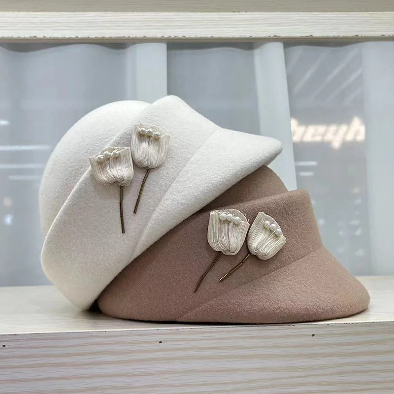 100% Wool Small Top Hats For Luxury Women Elegant Berets 2024 Winter Wedding Ceremony Church Cap Flower Ladies Felt Fedoras