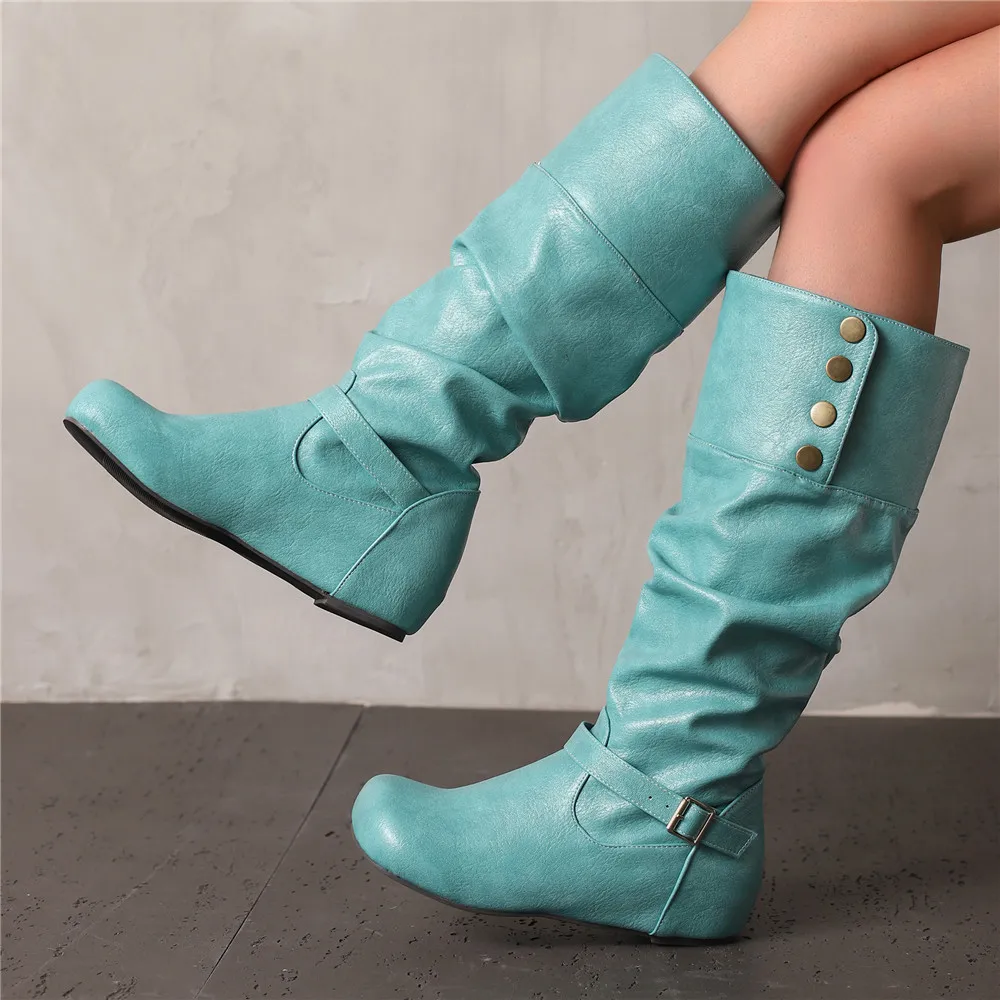 

Women's White PU Leather Knee High Boots Pleated Tall Design Internal Height Buckle Long Footwear for Autumn Winter Size 34-50