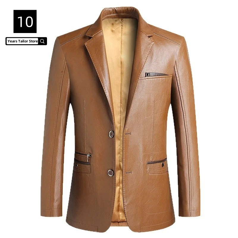 

Brown Black Leather Jacket Suit Lapel Men's Blazer Autumn New Single Breasted Fashion Punk Style Leather Jacket 4 colours