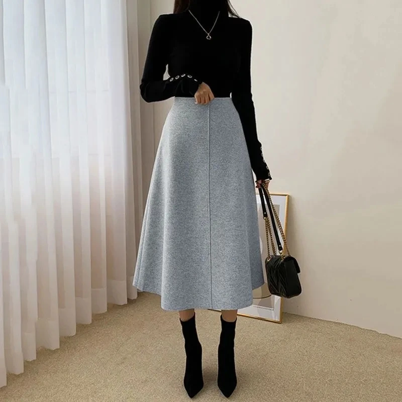 Woolen Skirt Autumn And Winter Skirts Womens A Line Skirt Elegant Long Skirts 2023 New High-Waisted Solid Color All-match Faldas