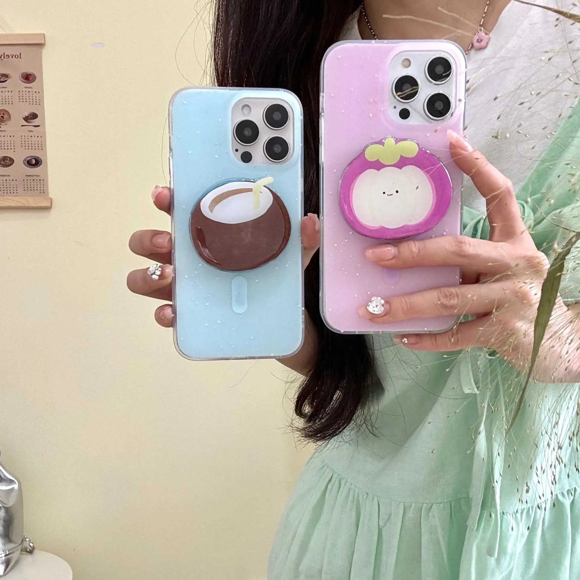 Summer fruits coconut mangosteen bracket phone case magnetic funda for iphone 14pro 12 13 15promax 15 pro max 13promax 14 cover