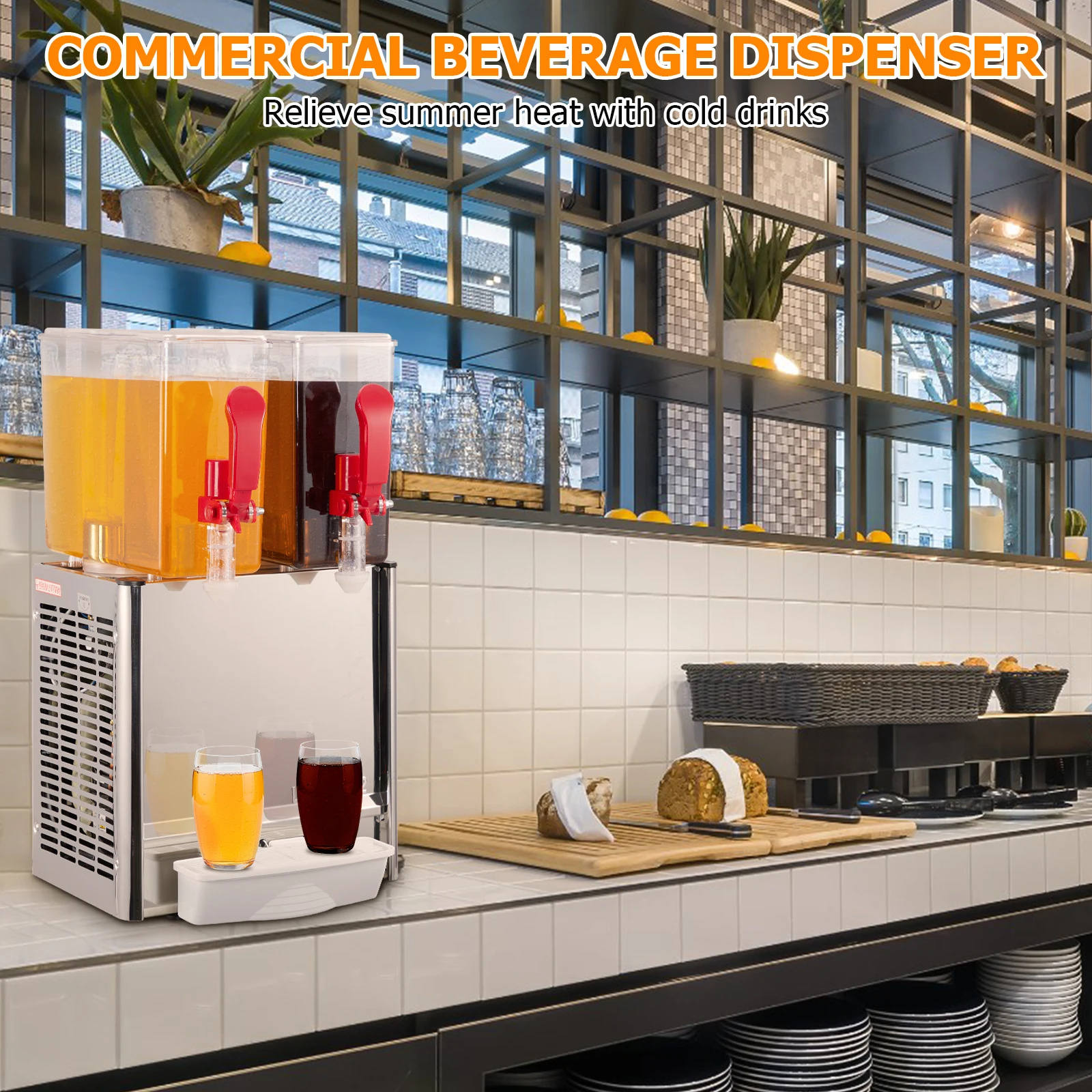 Commercial Beverage Dispenser, 2 Tanks 5.28 Gallon 20L Commercial Juice Dispenser, 10 Liter Per Tank, 280W Ice Drink Dispenser