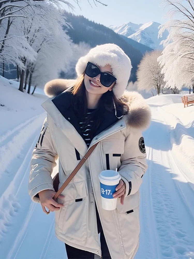 

Fuyuan Women's Parka Style down Jacket Thickened Winter Coat Commute Style Hooded Regular Length White Duck down Filling