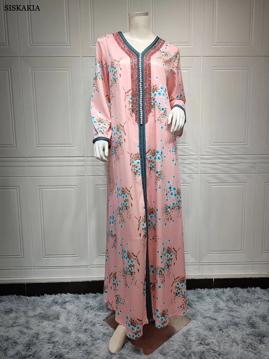 Ramadan Kaftan Dubai Luxury Diamonds Long Dresses Floral Print V-Neck Lace Tape Elegant Casual Party Dress Muslim Women Clothing