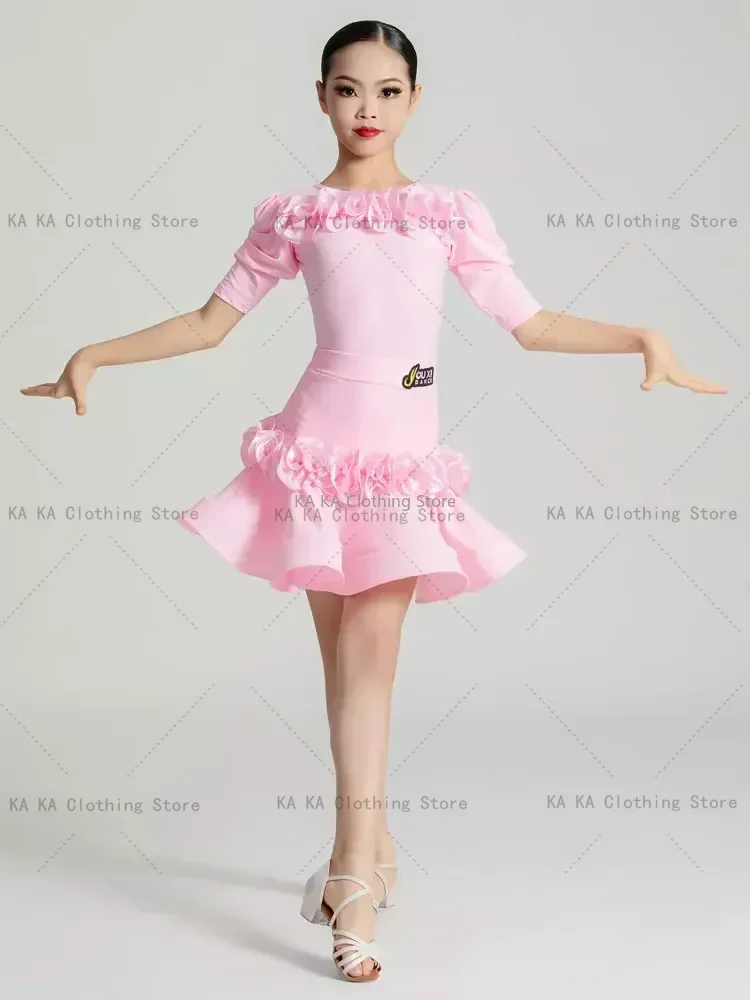 Pink Cha Cha Rumba Latin Dance Costume Girls Salsa Samba Dance Dress Tango Dance Dresses Girl Kids Latin Practice Clothes