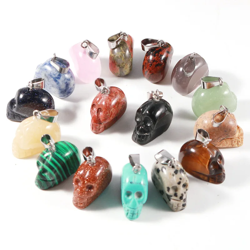 

10pcs/ Bag Natural Gemstone Mixed Color Engraving Skull Skeleton Stone Pendant for Jewelry Making