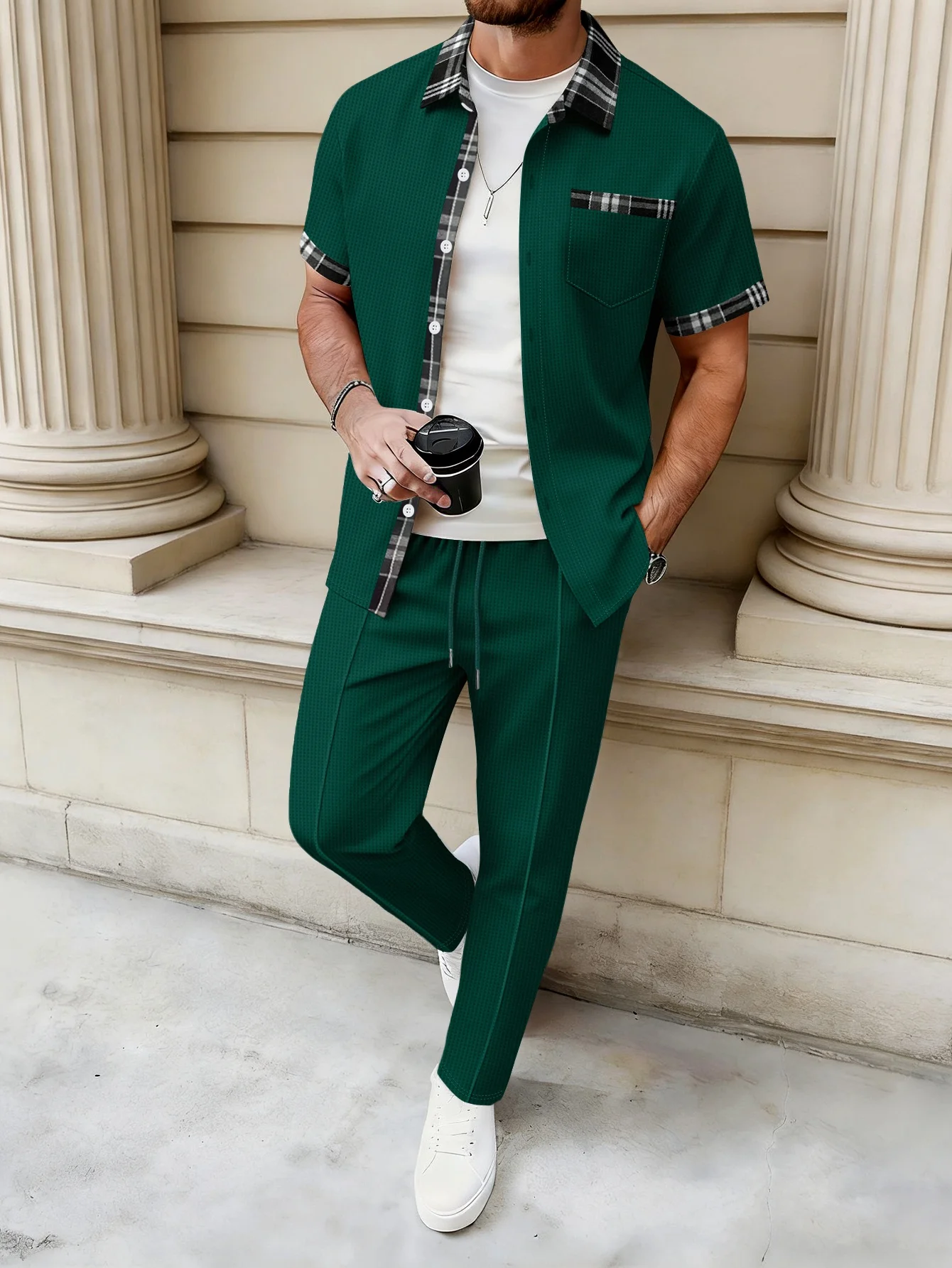 Immagine 4: Set da uomo in maglia waffle a 2 pezzi con camicia e pantaloni con bordi a quadri e bottoni, taglie S-3XL
