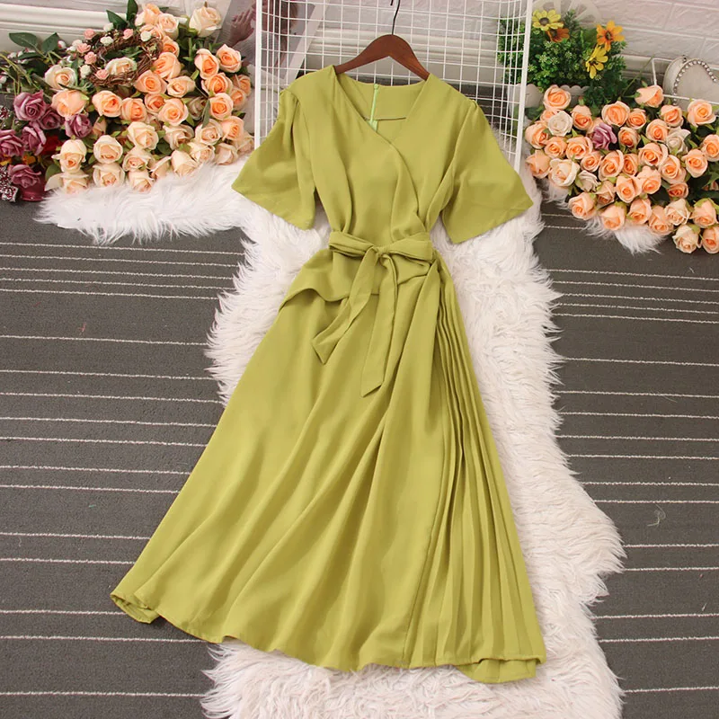 Summer New Fashion Solid Color V-neck Tie Short-sleeved Dress Female High Waist Self-cultivation Temperament Waist Pleated Skirt