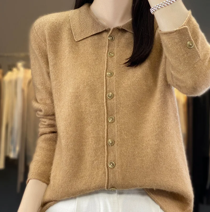 Knitted Cardigans for Women, 100% Merino Wool, Long Sleeve Sweaters, Warm and Soft Tops, 6Colors, Winter, 2023