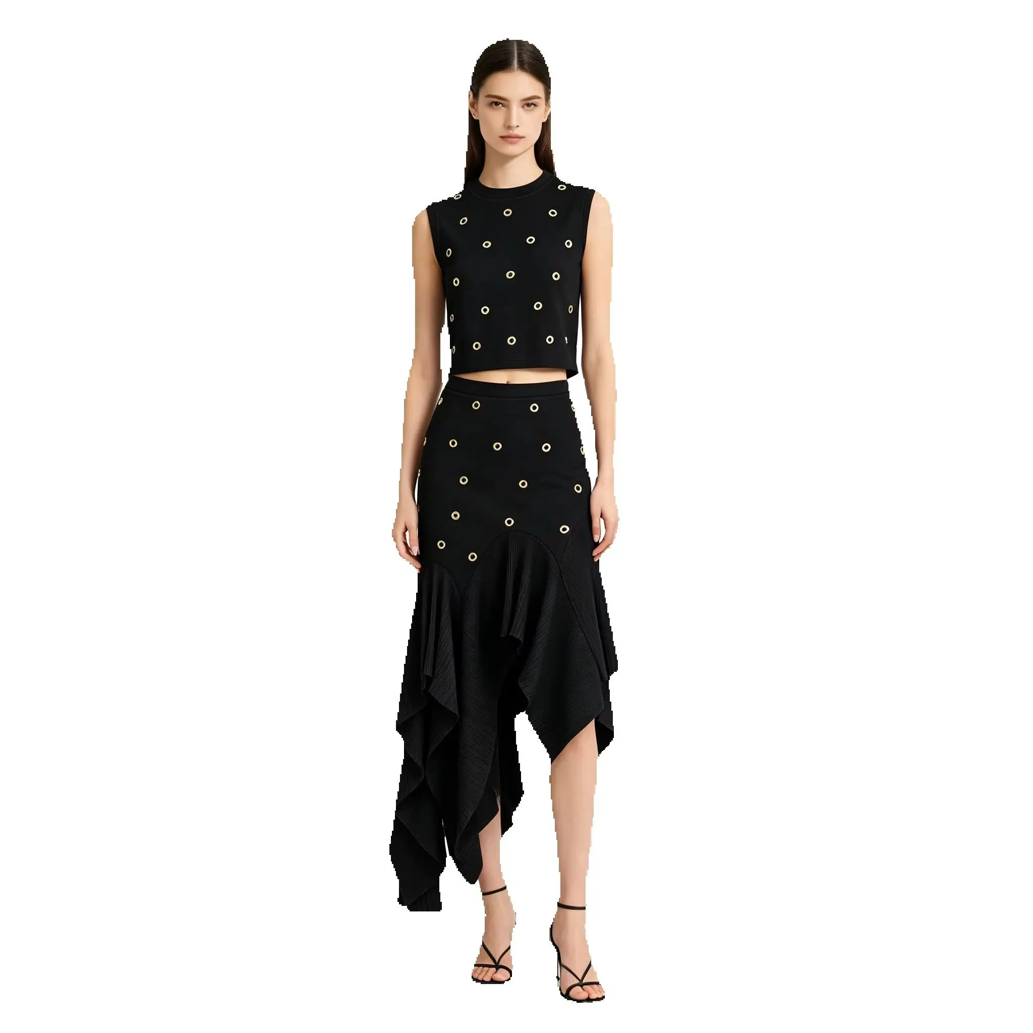 26239High‑Quality Women Matching Set Gold Embellished Sleeveless Vest Slim Fit Asymmetrical Skirt Luxury Club Party 2‑Piece Suit