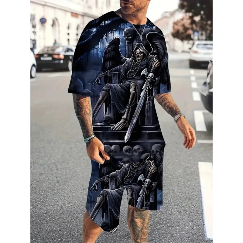 2025 Summer Men's Short sleeved Shorts Set Men's Skull Print Set Hot Vacation Casual T-shirt Outdoor Street Shorts 3D