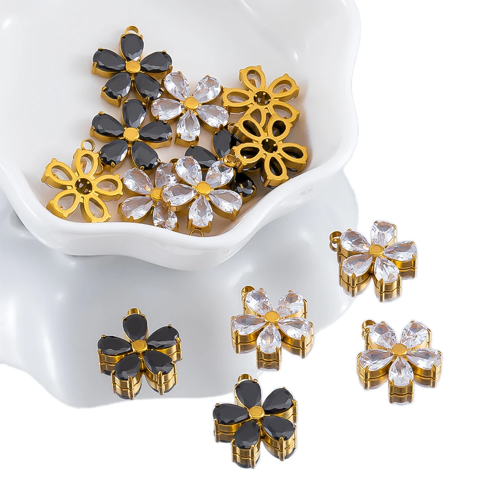 

2pcs Glass Inlaid Stainless Steel Flower Shaped Pendants Electroplated Color Preserving for DIY Necklace Accessories Materials