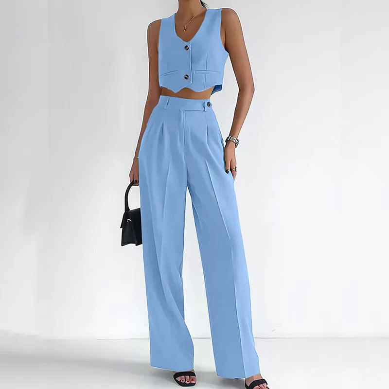 Lady Solid Sleeveless Blazer Business Set Elegant V-neck Sleeveless Tank Tops&High Waist Trouser Suit 2024 Group Of Pants Suit