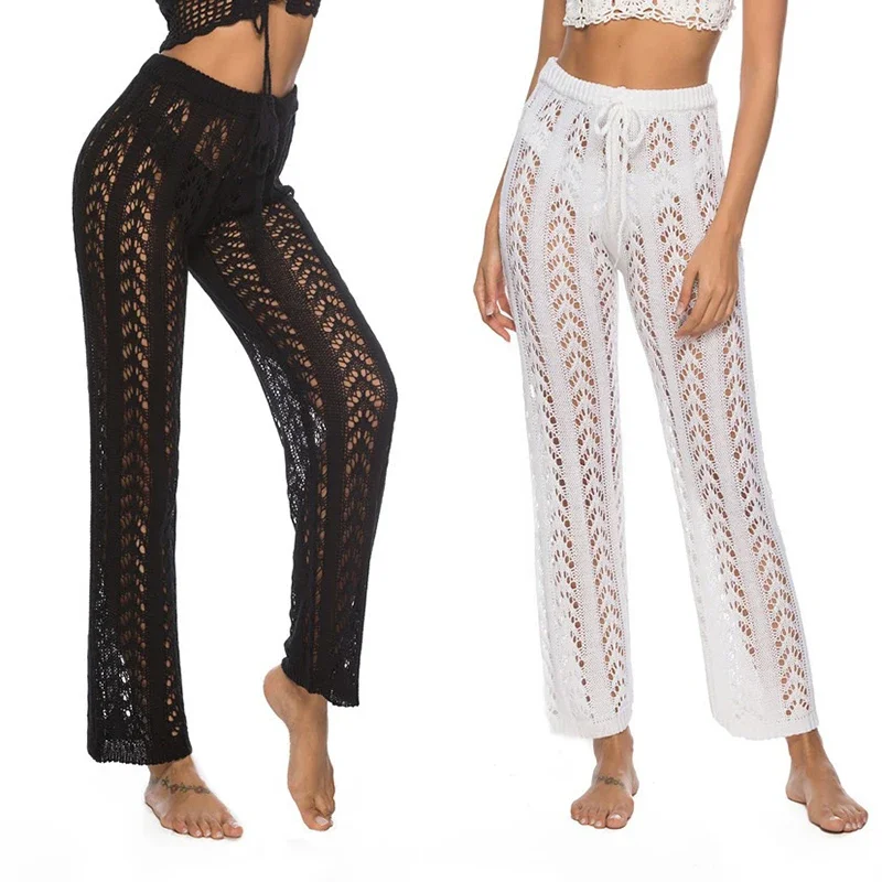

Sexy Knitted Beach Wear Women Pants Hollow Out See Through High Waist Drawstring Straight Pants Beach Style Bikini Cover Up 2025