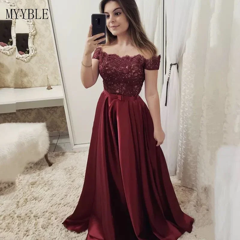 

Elegant Custom Made Boat Neck A-Line Burgundy Evening Dress Lace 2022 Off The Shoulder Satin Mother Of the Bride Robes De Soirée