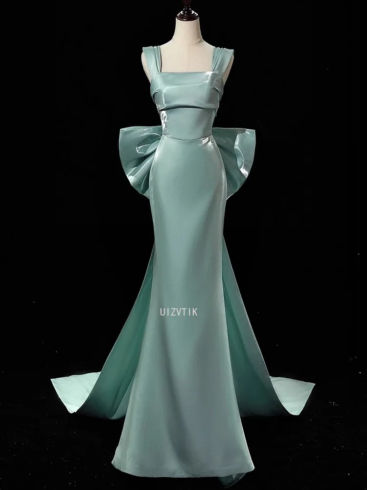 

Luxury Women Stain Evening Dresses Banquet Gown Sleeveless Bow Decoration Party Wedding Prom Dress Elegant Formal Occasion Dress