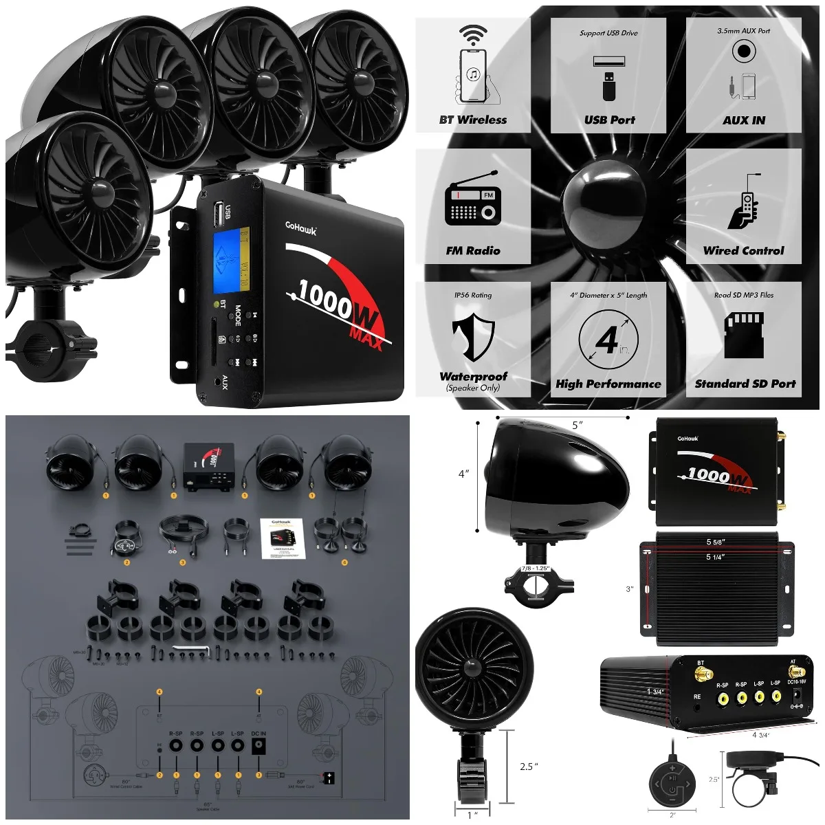 

1000W Bluetooth Motorcycle Audio System, 4' Weatherproof Speakers with FM/USB/AUX/SD, Volume Control, ATV/UTV Compatible