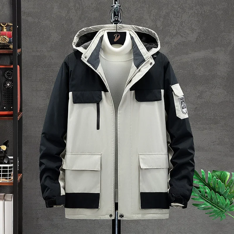 2024 New Men\'s Waterproof Jacket Winter Hooded Warm Parka Windbreaker Male Coat Big Size Fleece Clothing Black Thermal Outerwear