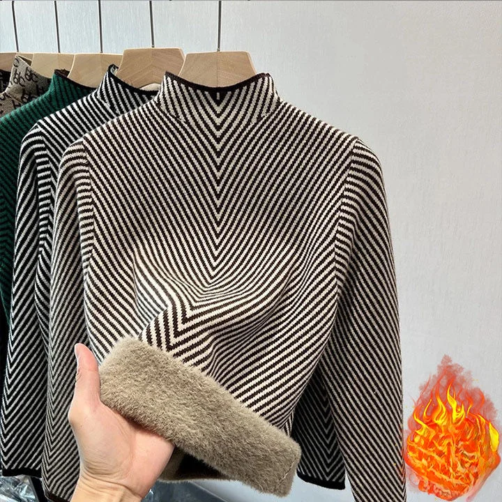 

2024 Women Autumn Winter New Plus Velvet Warm Jumpers Female Thicken Sweater Tops Ladies Long Sleeve Striped Knitted Tops B518