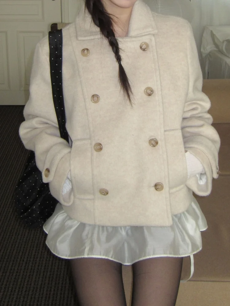 

Корейское ретро студенческое шерстяное пальто, женское свободное двубортное пальто с хлопковой подкладкой и лацканами, модная одежда для поездок на работу