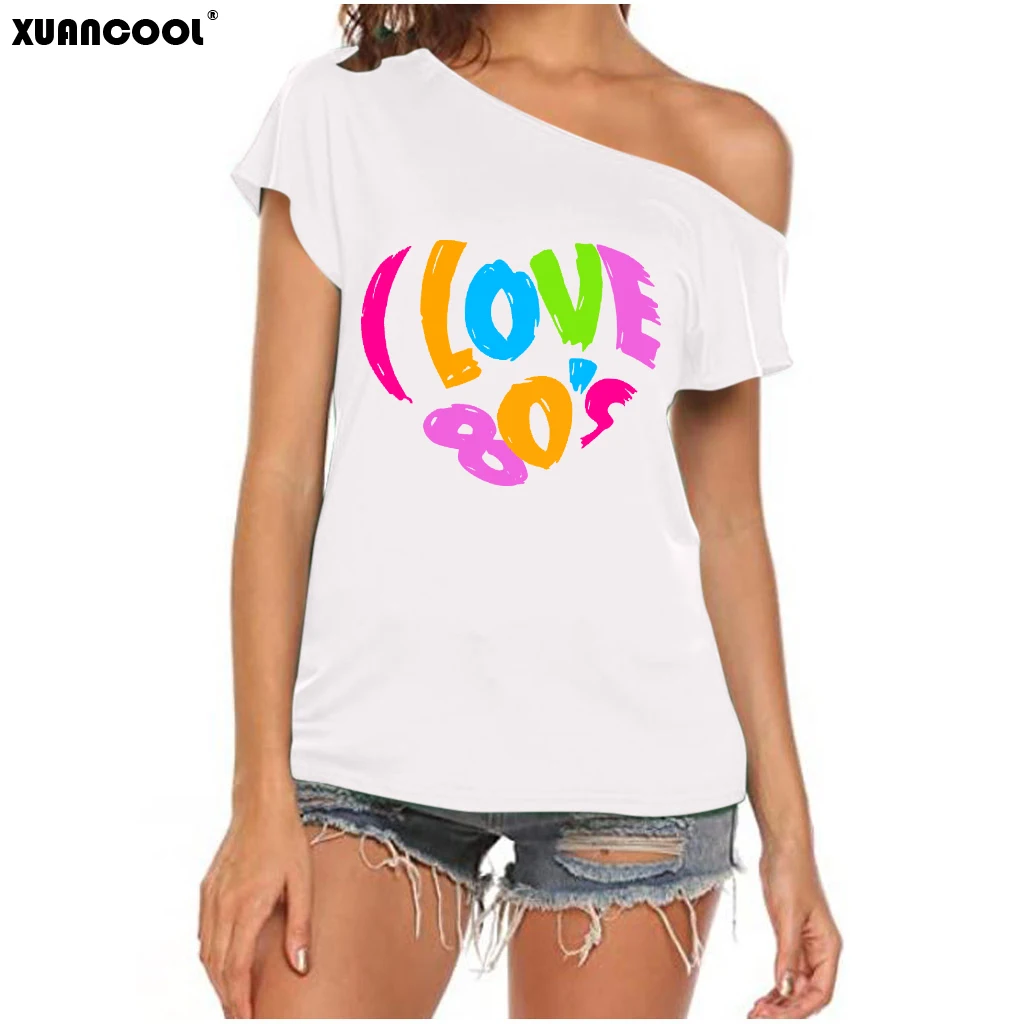 XUANSHOW 2024 Summer I Love 80s Heart Emotional Element T-shirt Sexy Off Shoulder Tops Short Sleeve Letters Printed Tee Shirt