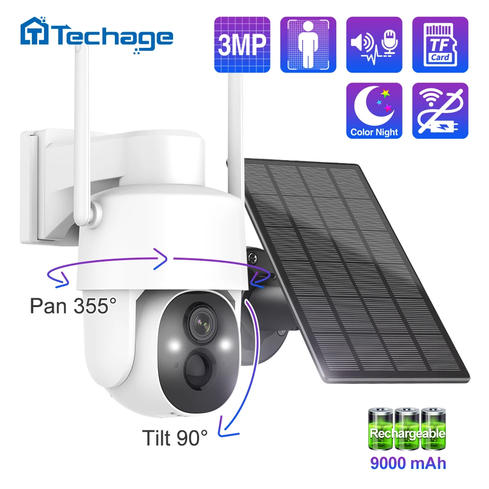 Techage 3MP Wireless Solar PTZ Camera Outdoor Rechargeable Battery Camera Smart AI Recognition Colorful Night View Vicohome APP