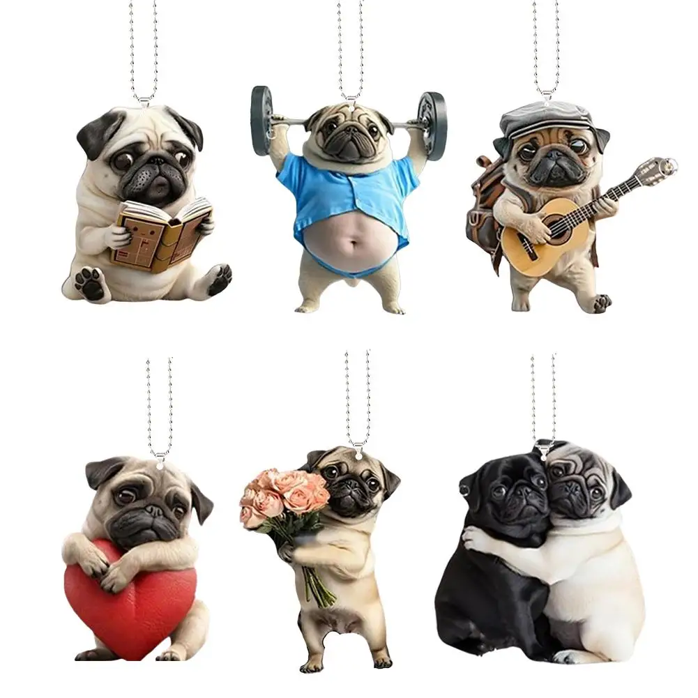 Adorable Pug Acrylic Car Ornaments Keychain Cute Puppy Pendant Versatile Charm For Car Mirror Backpacks Home Festive Gift Decor
