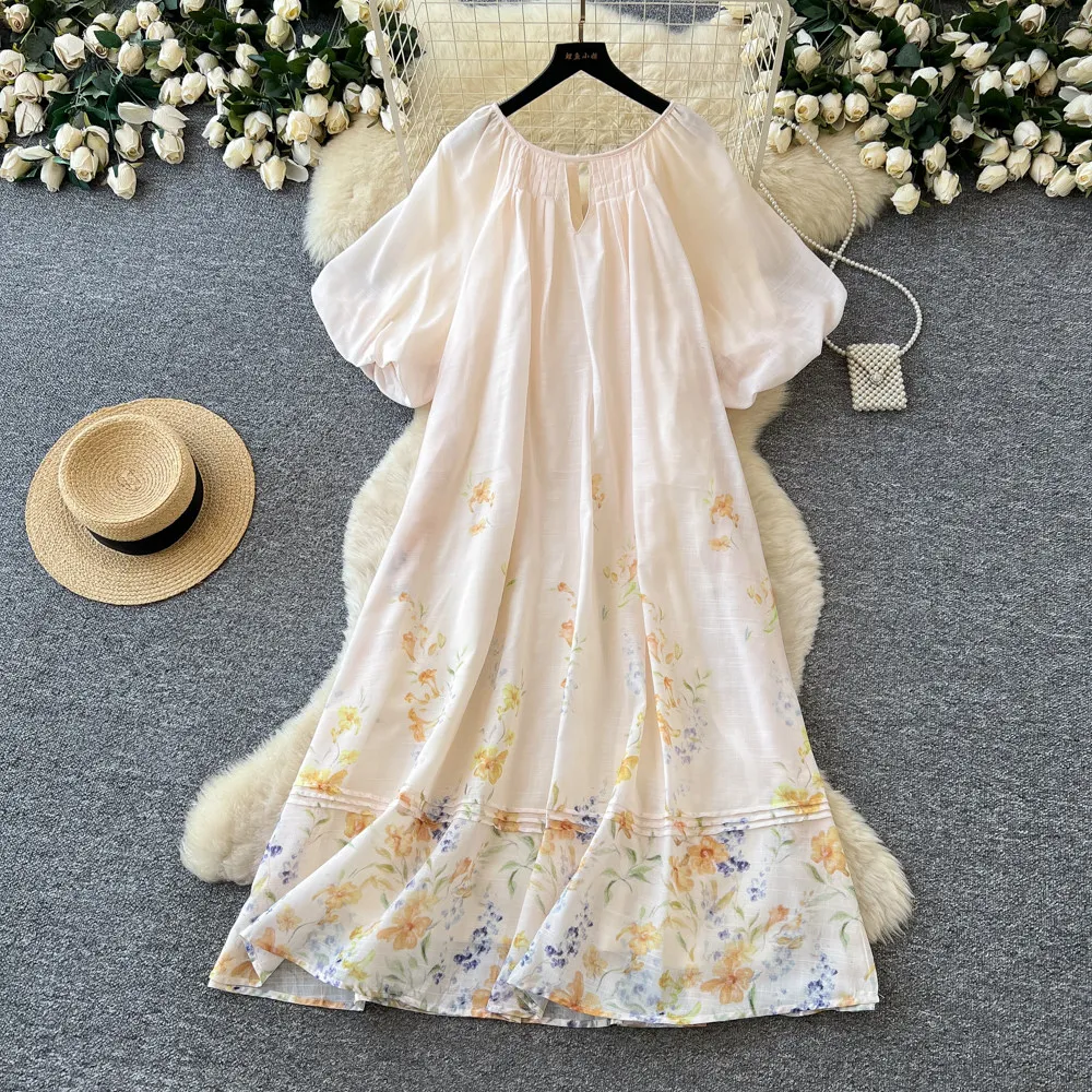 Vestido Floral com Manga Bufante Estilo Francês para Mulheres no Verão, Novo Vestido Casual Solto Plus Size com Decote Redondo D142
