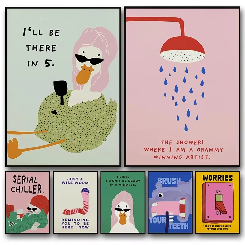 Modern Fun Bathroom Animal Poster: Sunglasses, Duck, Cat, Showerhead Retro Illustration Canvas for Home Bathroom Toilet Decor