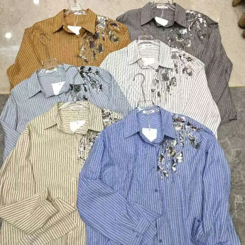 2025年秋新作 スパンコール刺繍シャツ 長袖ストライプブラウス レディース トレンド ルーズカジュアルトップス 女性服