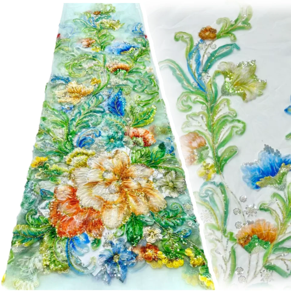 

Яркие африканские кружевные ткани с блестками и бисером, 3D структура, цвет, эмбридный сетчатый тюль, кружево для женщин, материал праздничного платья CC1731