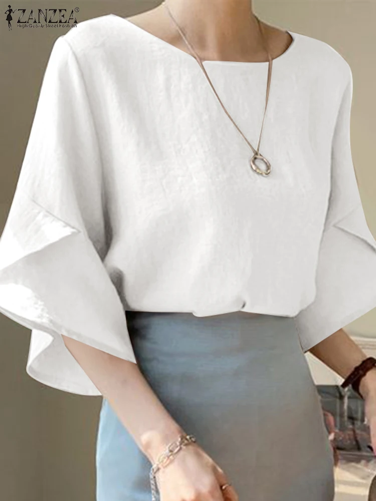 

ZANZEA Women OL Tops 2025 Summer Korean Blouse Fashion Solid Color Tunic 3/4 Flare Sleeve Loose Blusas Femininas Casual Shirts
