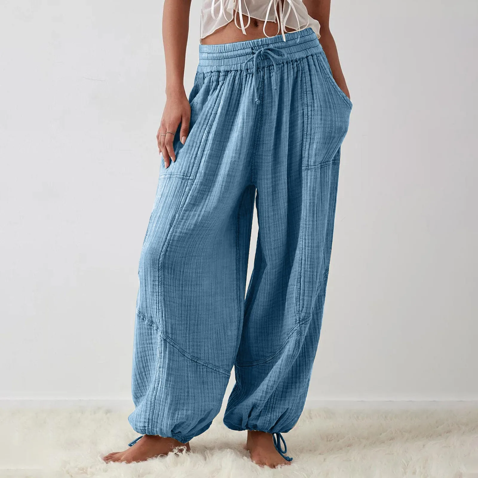 

Women Harem Pants Summer Casual Vintage Cotton Linen Pants Elastic Waist Wide Leg Retro Loose Pockets Female Mom Trousers 2023