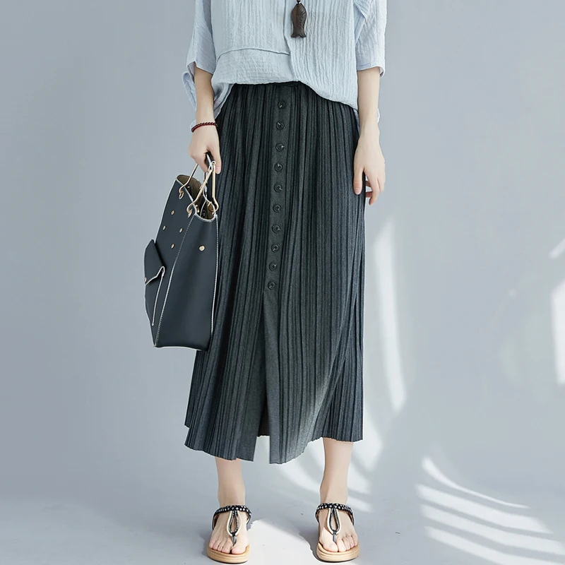 

Spring New Arrival Korean Sle Artistic Midi Skirt with Button Decoration Large Size Pleated f Body Skirt Cotton Polyeste...