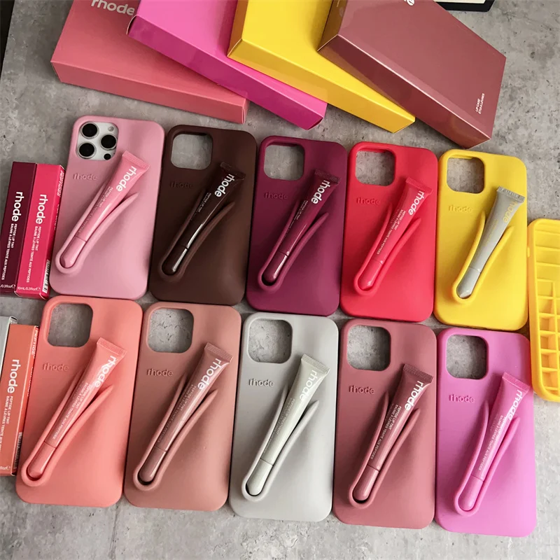 تريند ليمونتيكي المحمولة ملمع الشفاه سيليكون جراب هاتف آيفون 17 الهواء 15 16 14 13 12 برو ماكس زائد حامل أحمر الشفاه غطاء ناعم #5