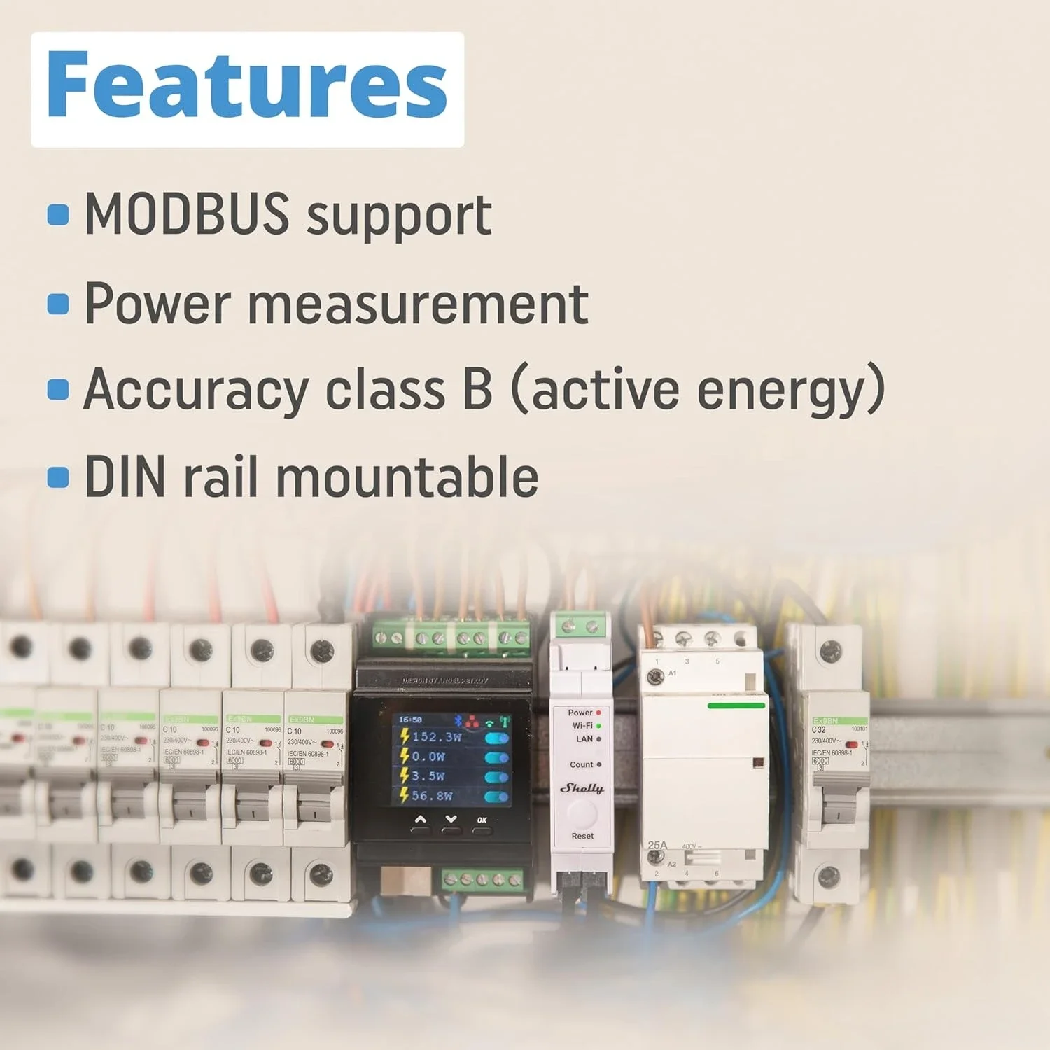 مقياس طاقة EM 50A Wi-Fi & LAN مع التحكم في المقاولين |   أتمتة المنزل DIN-Rail |   بوابة بلوتوث |   متوافق