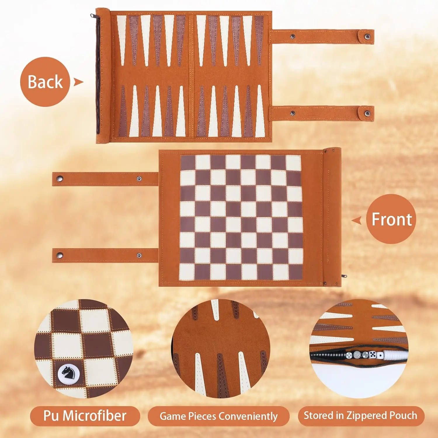 Set da backgammon arrotolabile 3 in 1 con 32 pezzi di legno, 5 dadi, tavolo da gioco portatile in pelle per adulti – 13,8x10 pollici