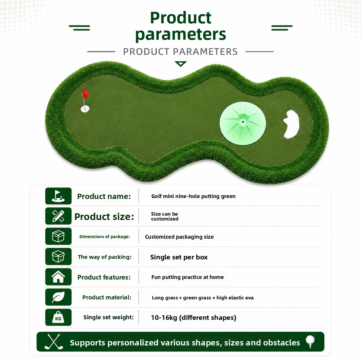 Custom Nine Hole Golf Mini Green Villa Home Roof Balcony Ball Court Swing Putter Practitioner