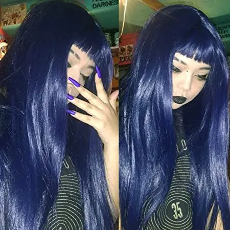 Dark Blue Synthetic Hair Wigs with Full Bangs Blue Long Straight Women's Wig Heat Resistant Synthetic No Lace Wigs for Fashion W