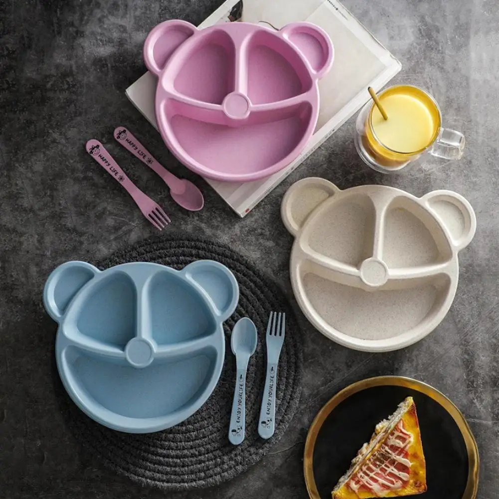 

Wheat Straw Cartoon Children's Grid Dinner Plate Kindergarten Student Bear Tableware Set Lunch Box Dinner Plate Spoon Fork Set