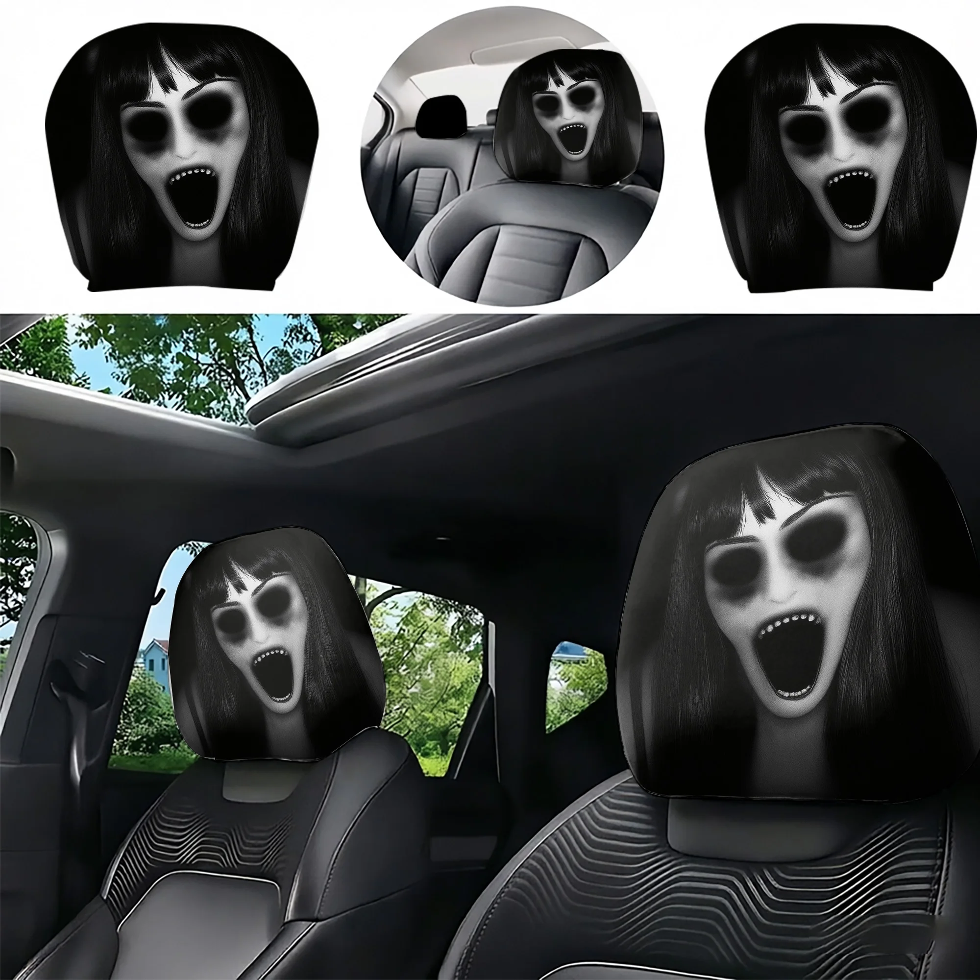 2pcs Spooky Ghost-Printed Car Headrest Covers—create a spine-chilling interior style. Filling not included. Easy to install.